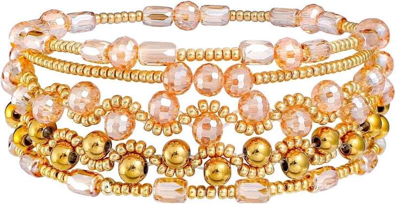 Pymach Store Dainty Gold Plated Pearl Crystal Beaded Bracelets Set for Women 14K Gold Plated Bead Pearl Beads Bracelet Stackable Paperclip Link Chain Bracelets Gold Plated Bracelets for Women Trendy Jewelry - Image 1